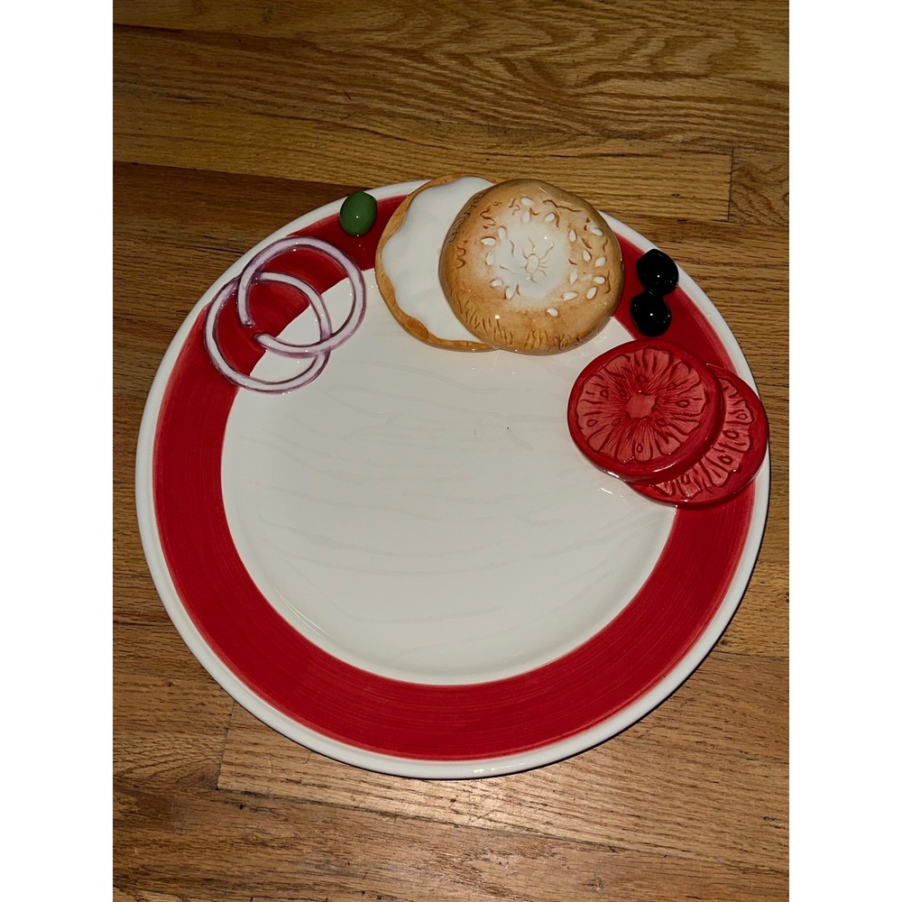 LOTUS Home Trends ETC‎ Appetizer Plate Bagel Olive Tomato Onion Red Trimmed 2006